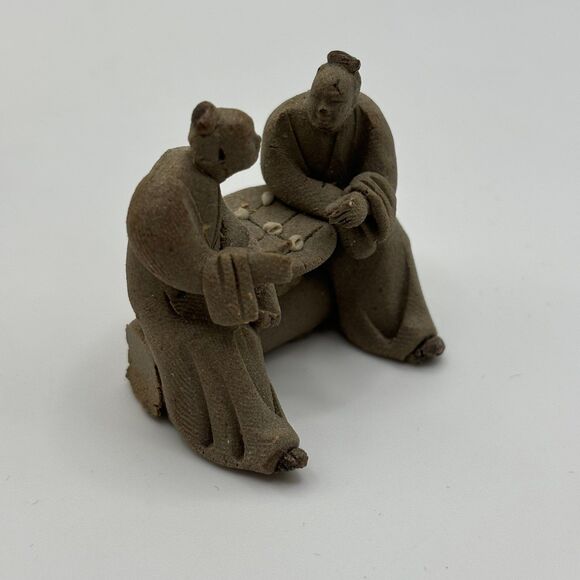 Vintage Mudmen Clay Oriental Playing Checkers Men Miniature Bonsai Figurine - Picture 2 of 6